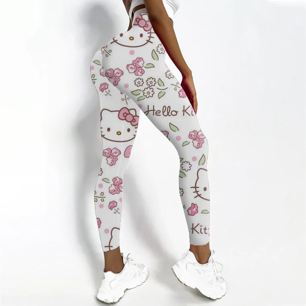 Women's sports and fitness leggings with Hello Kitty print stretch and sexy yoga pants for training, running, gym, fast drying,