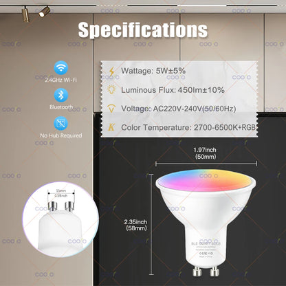 Tuya WiFi GU10 Smart LED Light Bulb Bluetooth GU10 Dimmable Lamps Smart Life App Control Spotlight Bulb Works With Alexa Google