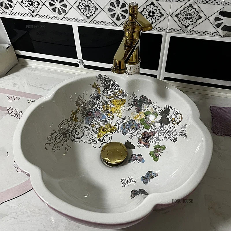 Luxury Hand-painted Bathroom Sinks Special-shaped Above Counter Basin Ceramic Wash Basin Designer Home Kitchen Art Single Basin