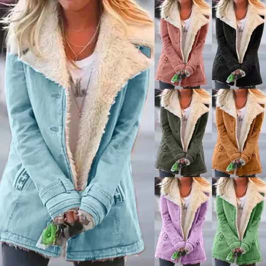 Women Autumn Winter Solid Color Plush Lapel Coat Jacket Fashion Casual Parka Jacket