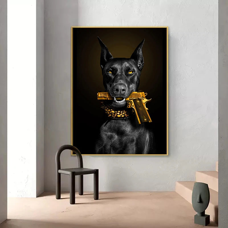 Luxury Dog Doberman with Pistol In His Mouth Posters Canvas Painting Animal Fashion Wall Art Pictures Living Room Home Decor