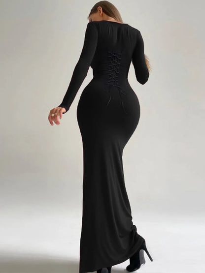 Sexy Black Slim Long Dresses Women Long Sleeve Square Collar Low Cut Package Hip Bodycon Maxi Dress Fashion Party Club Vestidos