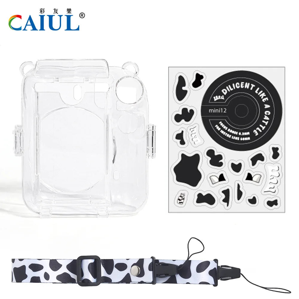 For Fujifilm Instax Mini 12 PC Transparent Camera Case Protection Cover Shoulder Strap Storage Bag Strap Sticker Three-Piece Set