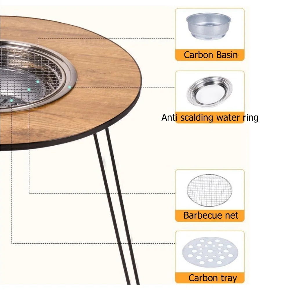 Folding Barbecue Round Table Wood Stove Portable Camping BBQ Charcoal Grill Lightweight Brazier Table Picnic Patio Tea Boiling