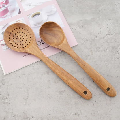 Reusable Natural Wood Cooking Utensil Set Spatula Soup Spoon Brush Ladle Pasta Colander Non-stick Cookware Home Kitchen Tool Kit