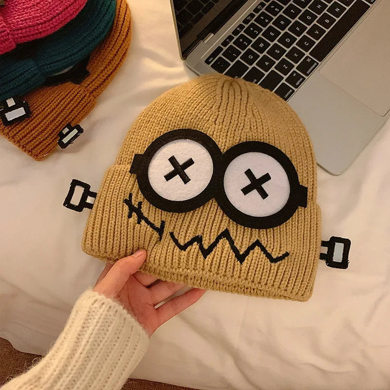 Kpop Cute Cartoon Cuff Beanie Cap Women's Candy Color Big Eyes Smile Skullies Hat Fashion Streetwear Student Warm Winter Knitted