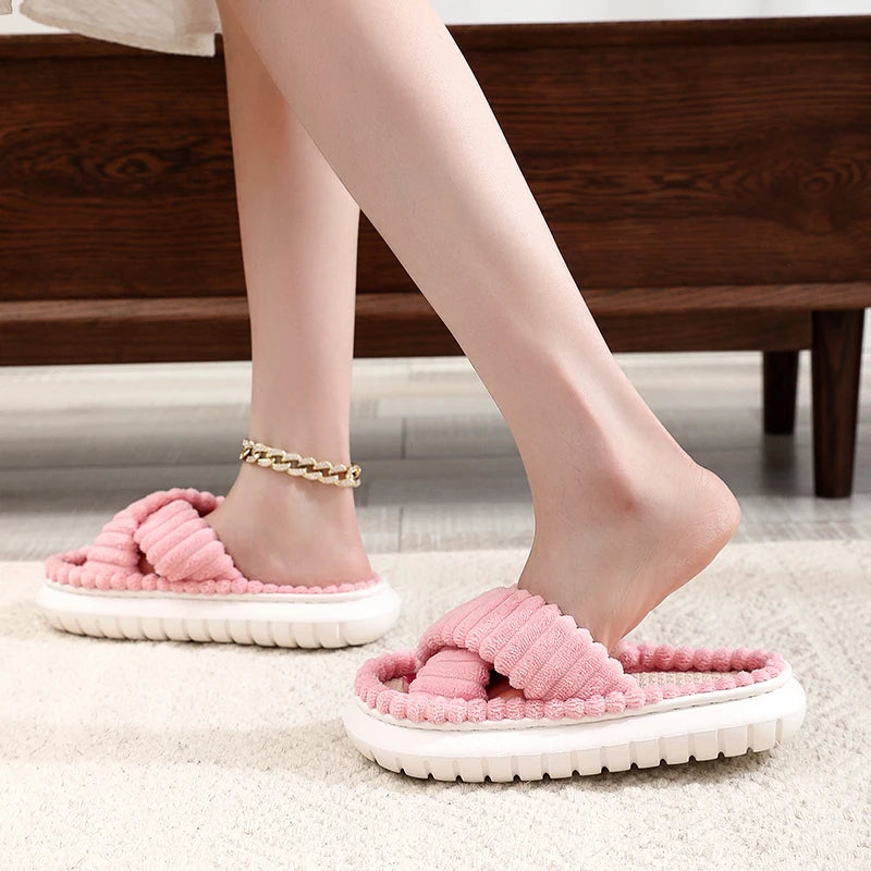 New Women Home Slippers 2023 Autumn Winter Open-Toe Cross Band Linen Soled Indoor Slides Linen Soled Non-Slip Bathroom Slippers