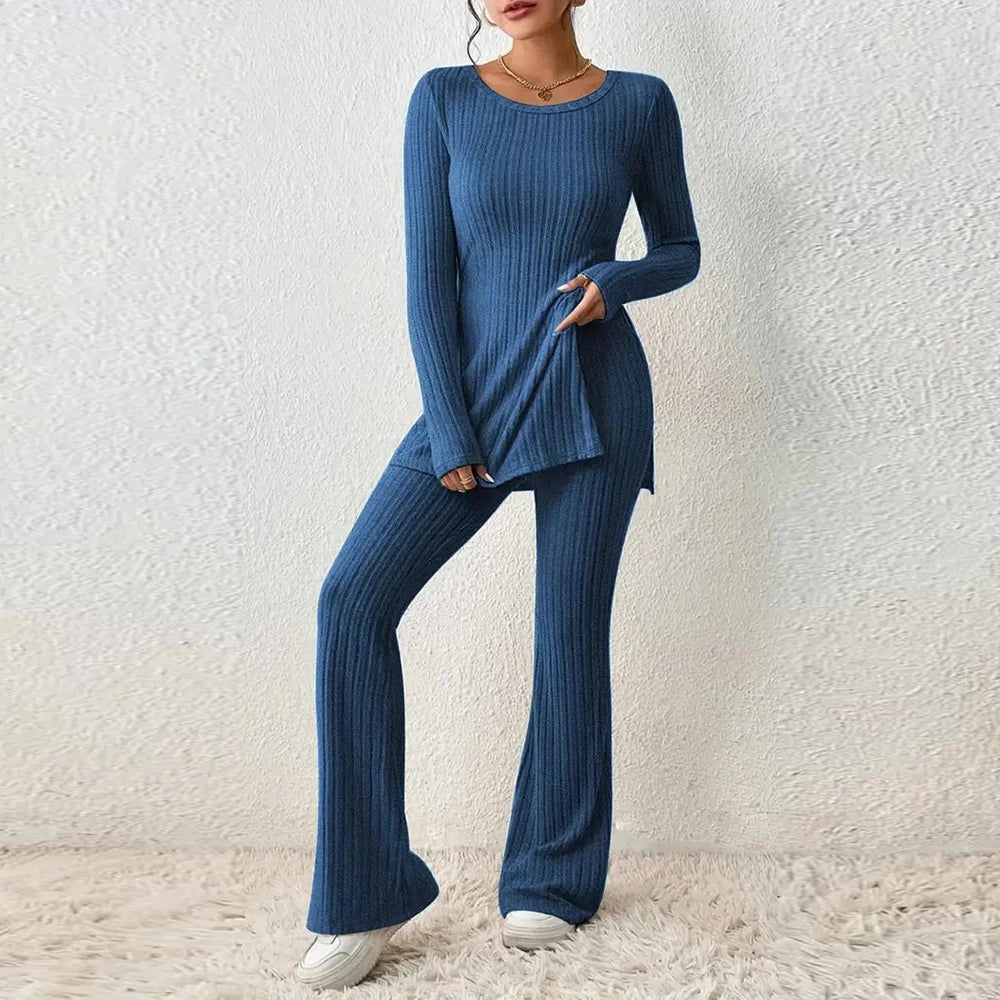 Tops + Trousers Sets for Women 2 Piece Outfit 2023 Autumn Winter Clothing Elegant Female Long Sleeve Shirt Wide Leg Pants Suit