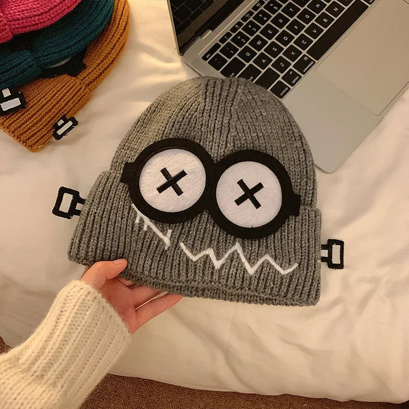 Kpop Cute Cartoon Cuff Beanie Cap Women's Candy Color Big Eyes Smile Skullies Hat Fashion Streetwear Student Warm Winter Knitted