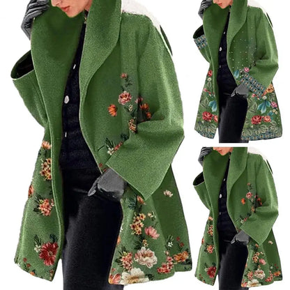 2023 Winter Women Elegant Blend Wool Coat Autumn Street Lady Long Cardigan Coats Fashion Floral Print Pocket Long Sleeve Jacket