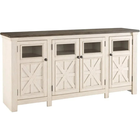 Signature Design by Ashley Bolanburg Two Tone Farmhouse TV Stand, Fits TVs up to 72", 3 Cabinets and Adjustable Storage Shelves