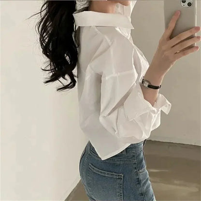 Spring New Casual Long Sleeve Women White Shirt Korea Style Solid Button Split Woman Crop Tops Blouse Party Clothing