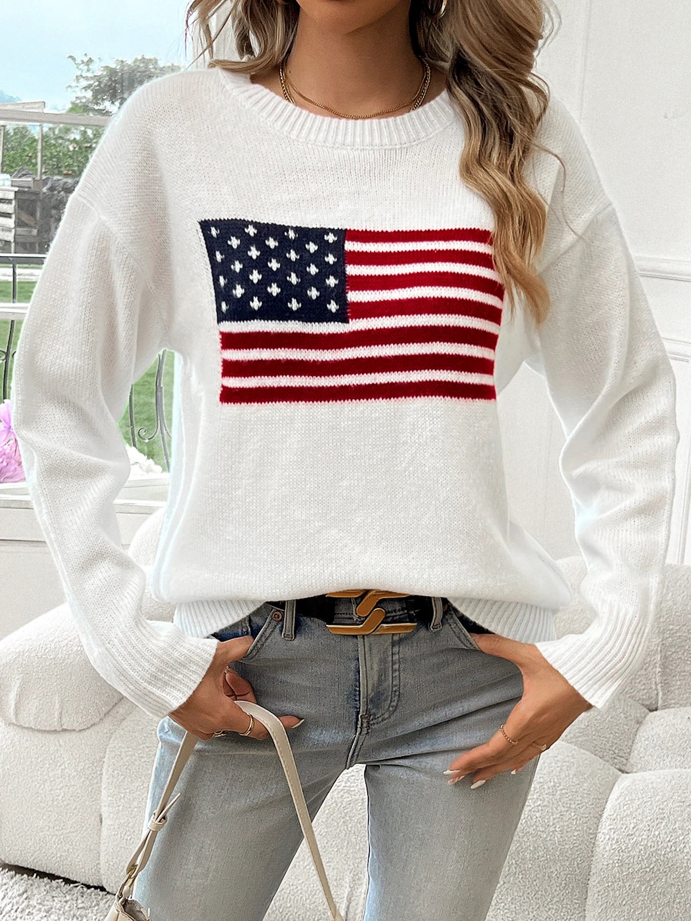 American Flag Crew Neck Long Sleeve Pullover Women's Sweater