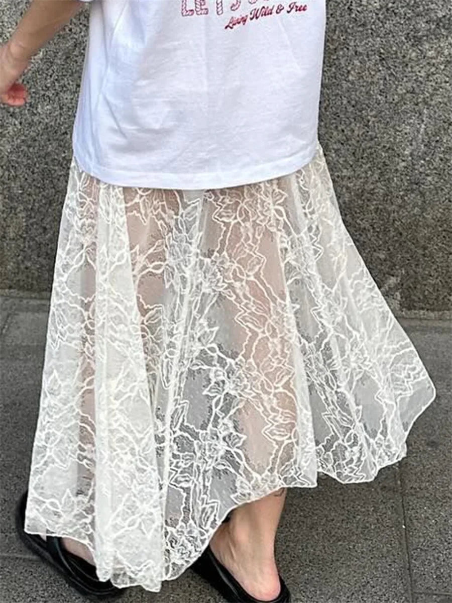 Women Lace Long Skirts Elegant Low Waist Solid Color See-Through Midi Skirts  Fit Skirts