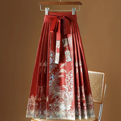 Maxi Chinese Style Horse Face Skirts Women Hanfu Vintage Harajuku Saia Casual Long Print Pleated Skirt Woman Clothing Faldas