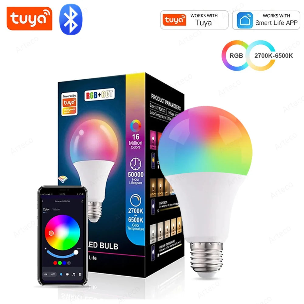 Bluetooth Smart LED Bulb Tuya Light Bulbs AC 85-265V Dimmable Spotlight Bulb 15W E27 RGB+CW+WW LED Color Change Lamp For Home