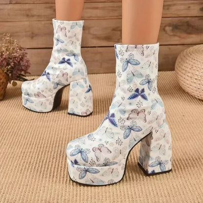 Designer Ankle Boots for Women Brand Woman Heels Platform Chunky Blue Cowboy Boots Solid PU Women Shoes New Sexy 10cm High Heels