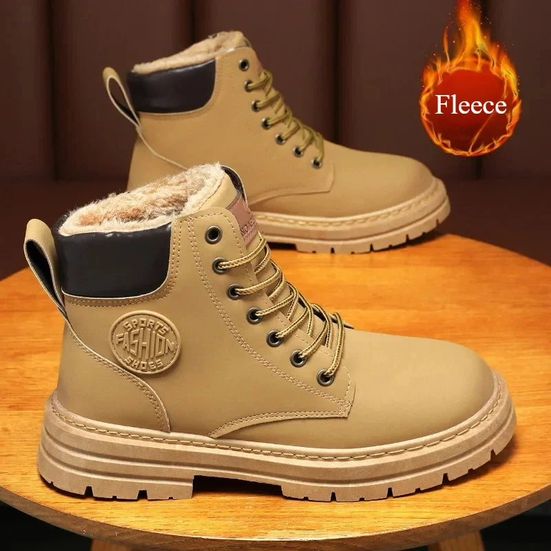 Retro Casual High Top Boots for Men Winter Chunky Rhubarb Boots Men's Motorcycle Ankle Boots Lace-Up Work Footwear Botas Hombre