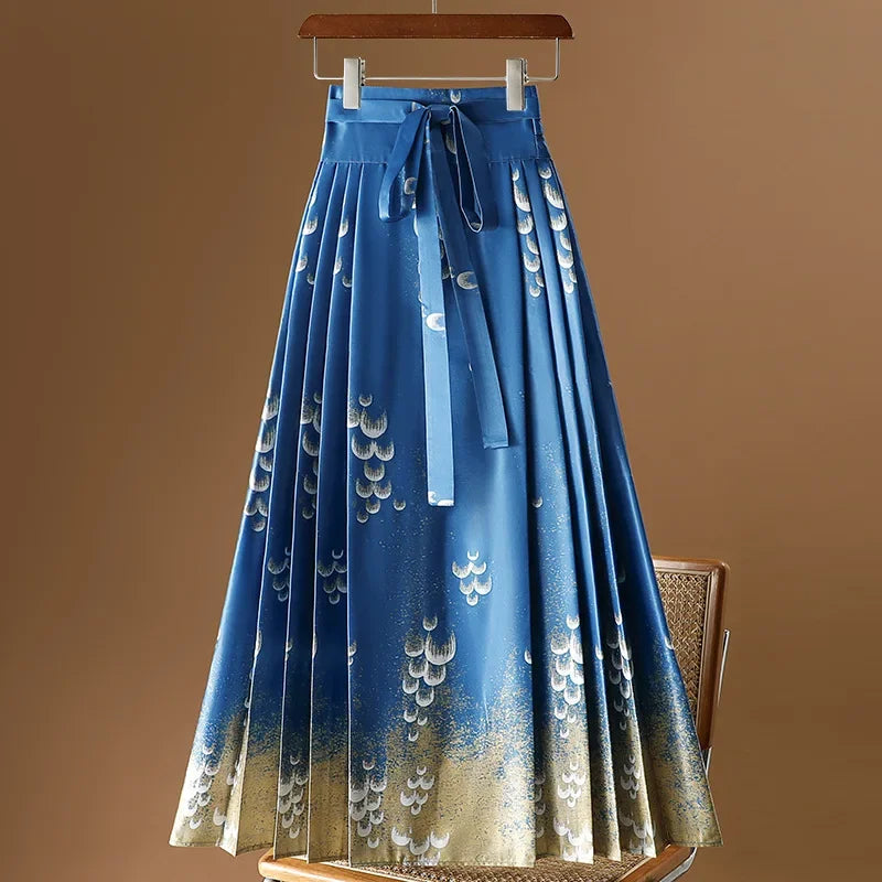 Maxi Chinese Style Horse Face Skirts Women Hanfu Vintage Harajuku Saia Casual Long Print Pleated Skirt Woman Clothing Faldas