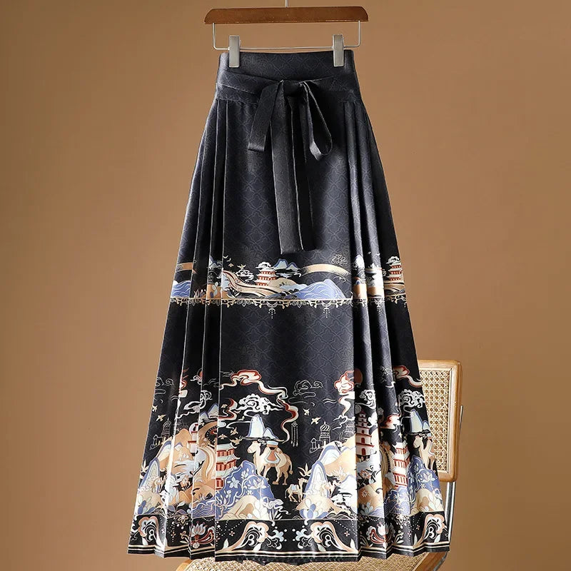 Maxi Chinese Style Horse Face Skirts Women Hanfu Vintage Harajuku Saia Casual Long Print Pleated Skirt Woman Clothing Faldas