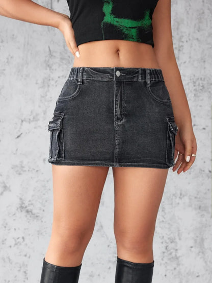 Denim Skirt Women Short Jeans Y2k Cargo Skirt Hip Wrap Elegant Splice Skirts Casual Pocket Button Streetwear Sexy Summer 2024