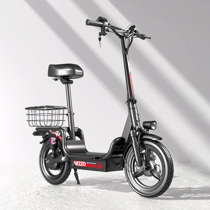 HEZZO Foldable Electric Scooter Seat & Basket 48V 15Ah 500W Full Suspension Powerful T3 Commute Escooter 20Mph 37Miles LongRange