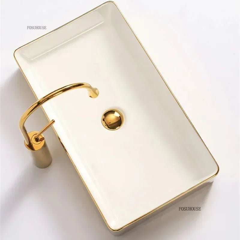 Luxury Gold Ceramic Tabletop Bathroom Sinks Home Hotel European Minimalist Household Washbasin Square Bathroom Wash Basins d