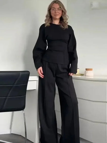 2024 Elegant Solid Patchwork Top Pants Set Women Long Sleeve O-neck Pleated Tops Wide Leg Trousers Suit New Office Lady Outfits