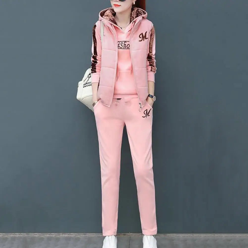 3Pcs/Set Trendy Women Tracksuit Windproof Waistcoat Hoodie Sweatpants Long Sleeve Cold Resistant