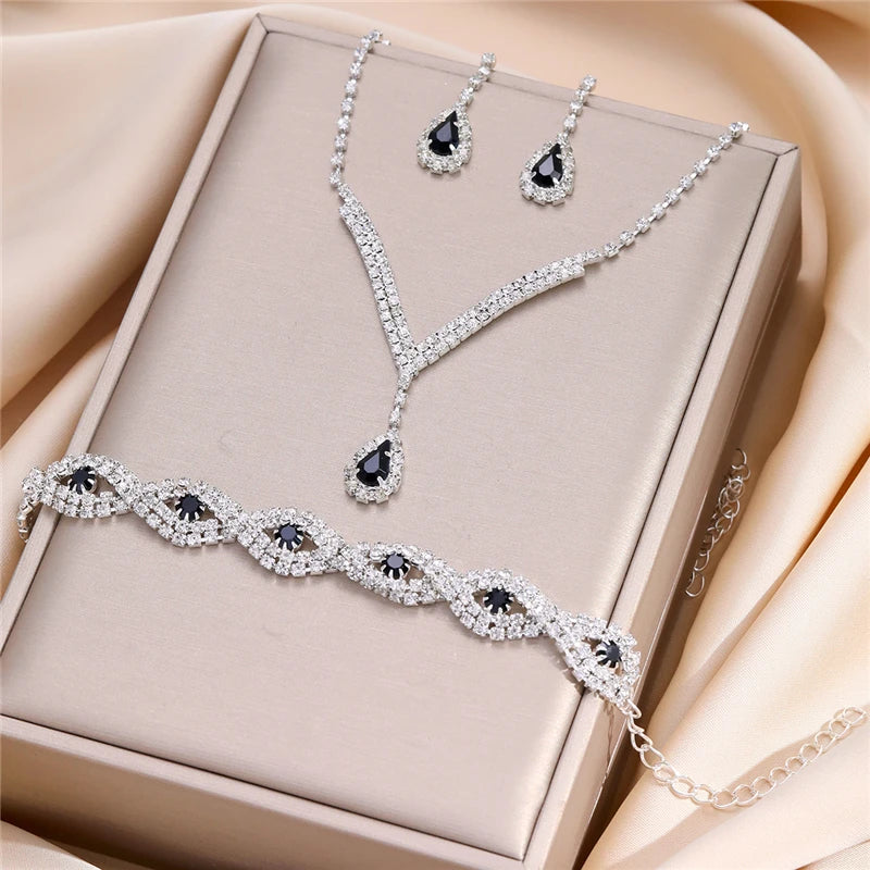 3 Pcs Luxury Rhinestone Bride Jewelry Set for Women Black Water Drop Crystal Earrings Wedding V Necklace Eye Bracelet Fashion