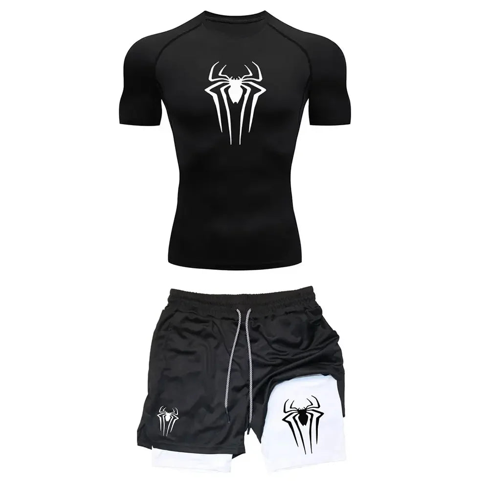 Men's Workout Compression Set Y2K Spider Printed Gym Tshirts Breathable Running Shorts Quick Dry Sports Rash Guard Sportwear Set