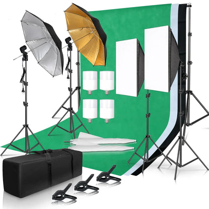 Photography Photo Studio Softbox Lighting Kit With 2.6x3M Background Frame 3pcs Backdrops Tripod Stand Reflector Board 4Umbrella