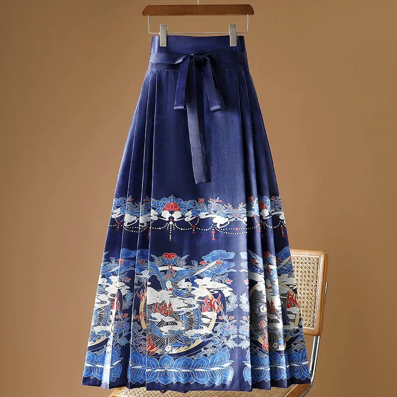 Maxi Chinese Style Horse Face Skirts Women Hanfu Vintage Harajuku Saia Casual Long Print Pleated Skirt Woman Clothing Faldas