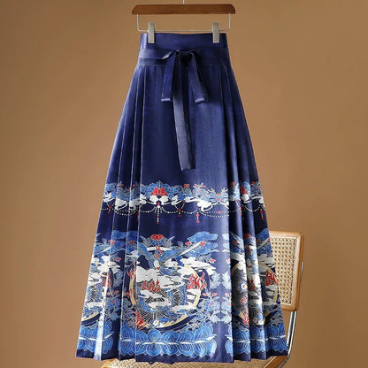 Maxi Chinese Style Horse Face Skirts Women Hanfu Vintage Harajuku Saia Casual Long Print Pleated Skirt Woman Clothing Faldas