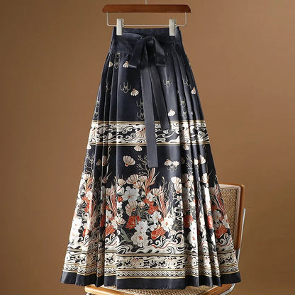 Maxi Chinese Style Horse Face Skirts Women Hanfu Vintage Harajuku Saia Casual Long Print Pleated Skirt Woman Clothing Faldas