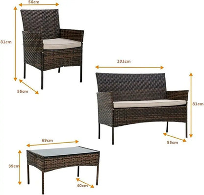 4-Piece Rattan Lounge Garden Furniture Set Balcony Seating Group for 4 People Sofa, Single Chairs, Table and Seat Cushions