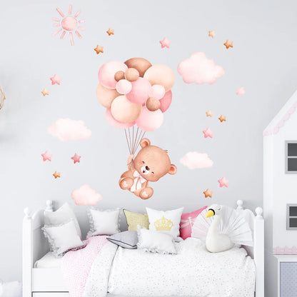 1Pc Cartoon Cute Balloon Bear Furniture Wall Sticker Kids Room Home Decoration for Baby Room Decor Girls Bedroom Living Room DIY