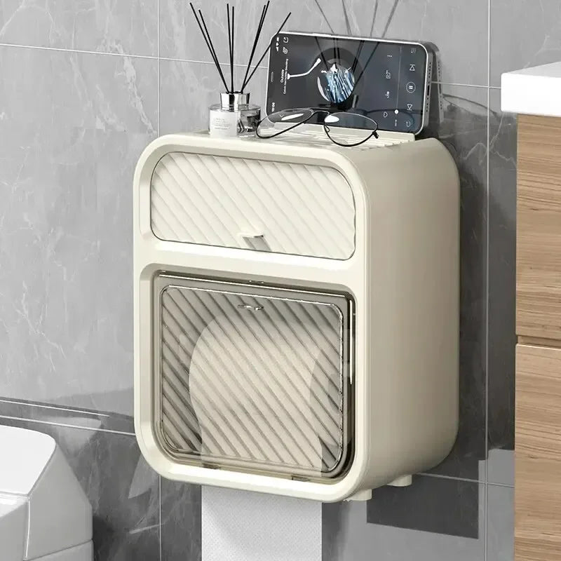 Wall-mounted Tissue Box Double Layer Toilet Organizer Paper Holder Waterproof Bathroom Toilet Rolls Storage Rack with Drawer