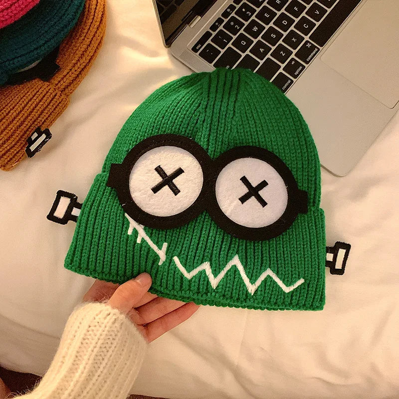 Kpop Cute Cartoon Cuff Beanie Cap Women's Candy Color Big Eyes Smile Skullies Hat Fashion Streetwear Student Warm Winter Knitted