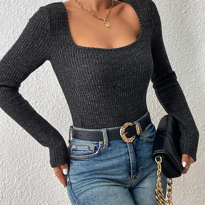 Square neck women's knitwear Vintage basic solid knit top Casual slim-fit jumper Korean sweater Simple chic jumper