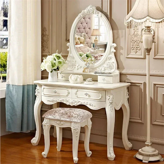 European Dressers Vanity Table Set with Mirror White Makeup Desk with Drawers  Stool - Small Wood Dressing Table for Bedroom