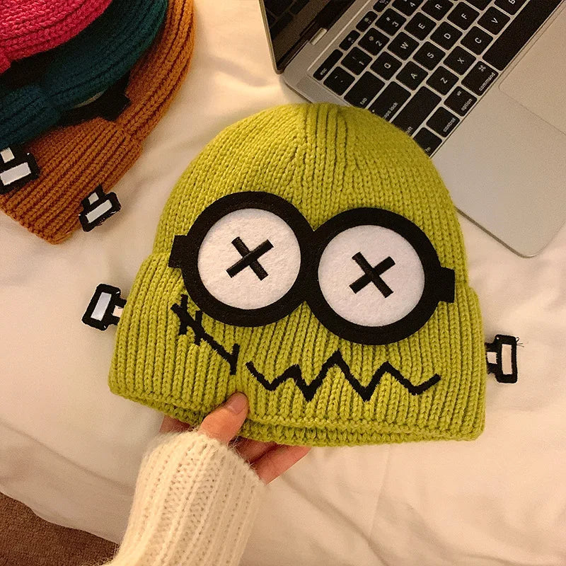 Kpop Cute Cartoon Cuff Beanie Cap Women's Candy Color Big Eyes Smile Skullies Hat Fashion Streetwear Student Warm Winter Knitted