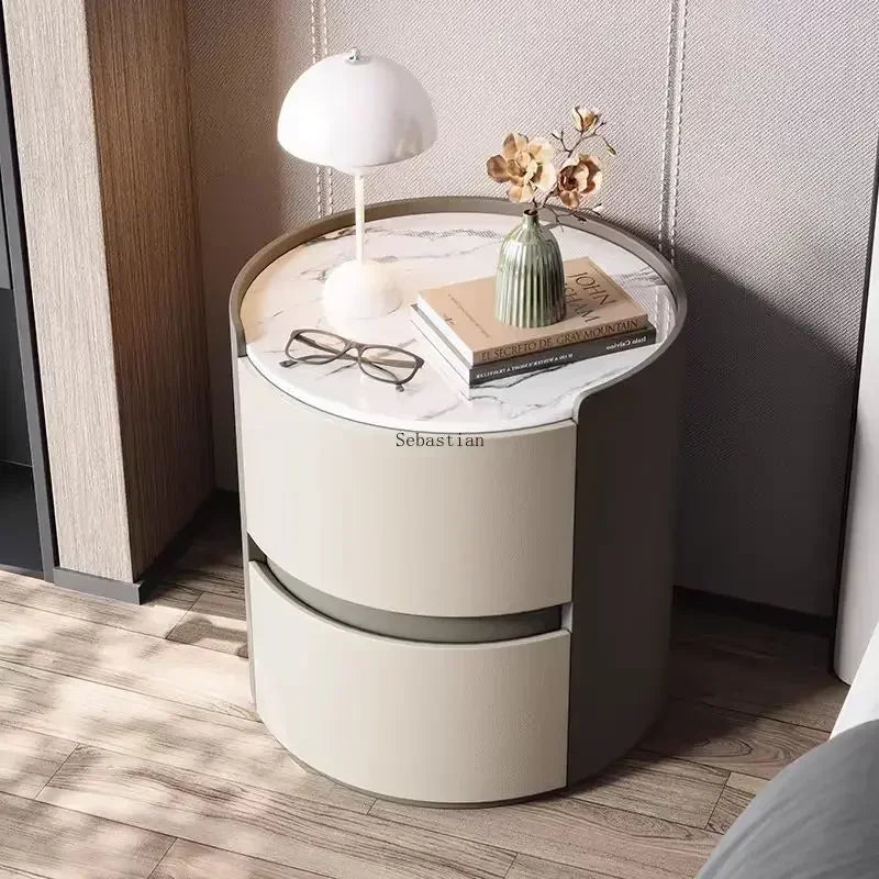 Round Bedside Table, Rock Board, All Solid Wood Small Coffee Table, Bedroom Cabinet, Light Luxury High-end Leather Cabinet