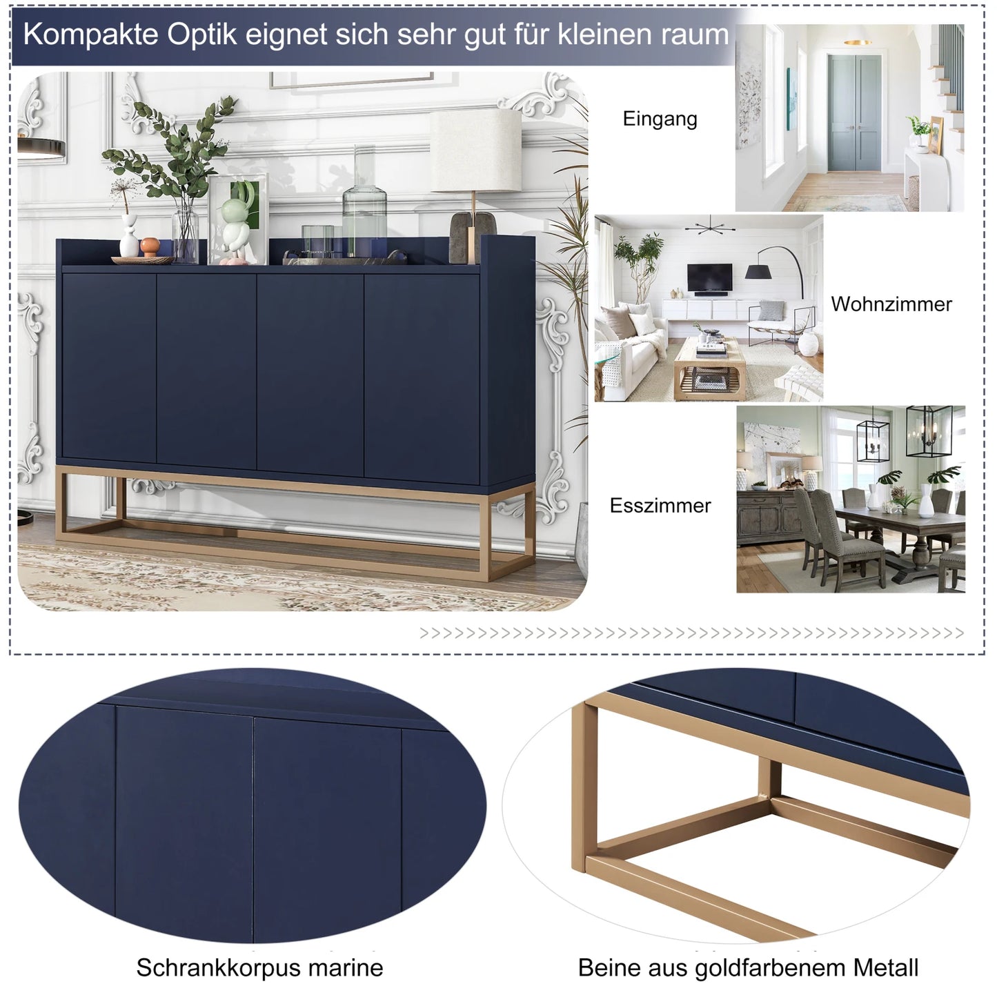 Modern minimalist style sideboard 4-door handleless buffet cabinet for dining room, living room, kitchen (navy blue)