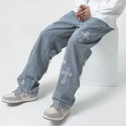 2023 Fashion Trousers Cross Denim Pants Streetwear Hip Hop Low Rise Baggy Jeans For Men Korean Y2k Women Cargo Pants Punk Clothe