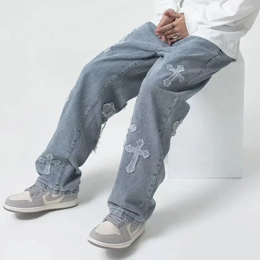 2023 Fashion Trousers Cross Denim Pants Streetwear Hip Hop Low Rise Baggy Jeans For Men Korean Y2k Women Cargo Pants Punk Clothe