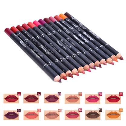 12Pcs/Set Waterproof Pencil Lipstick Set Pen Matte Lip Liner Long Lasting Makeup Pens Easy to Wear Non-stick Cup Cosmetics Kits