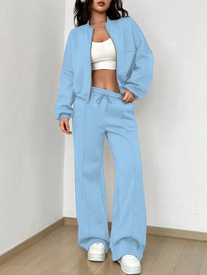 Women's Autumn 2024 Two Piece Set Cardigan Zipper Sweatshirt Jacket With Elastic Waistband And Wide Leg Pants Casual Set Ladies