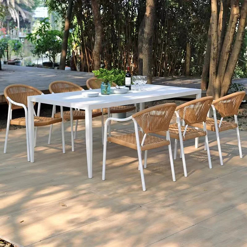 Garden furniture design wicker handwoven solid wooden teak outdoor dining set