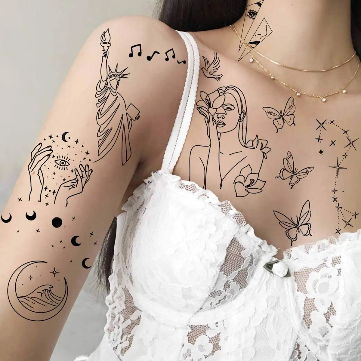 15 Sheets Minimalism Abstract Line Art Temporary Tattoos For Women Men Adults Finger Black Tattoo 3D Moon Star Fake Tatoos Sets